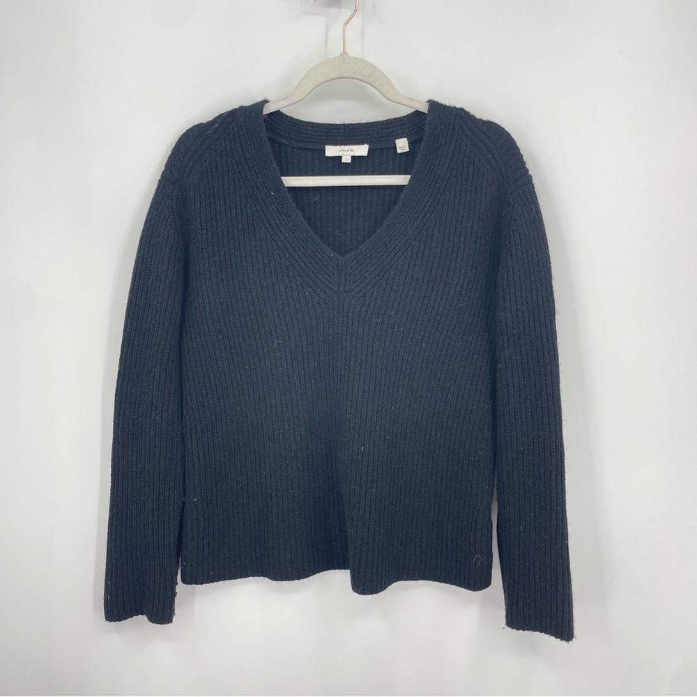 VINCE V neck Shaker Ribbed Wool Cashmere Blend Black Sweater Size‎ Small S